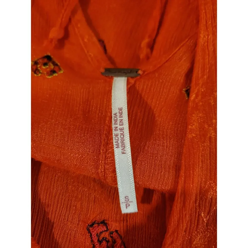 Free People Music In Time Embroidered Beaded V-Neck Blouse Top Sz S Orange Boho